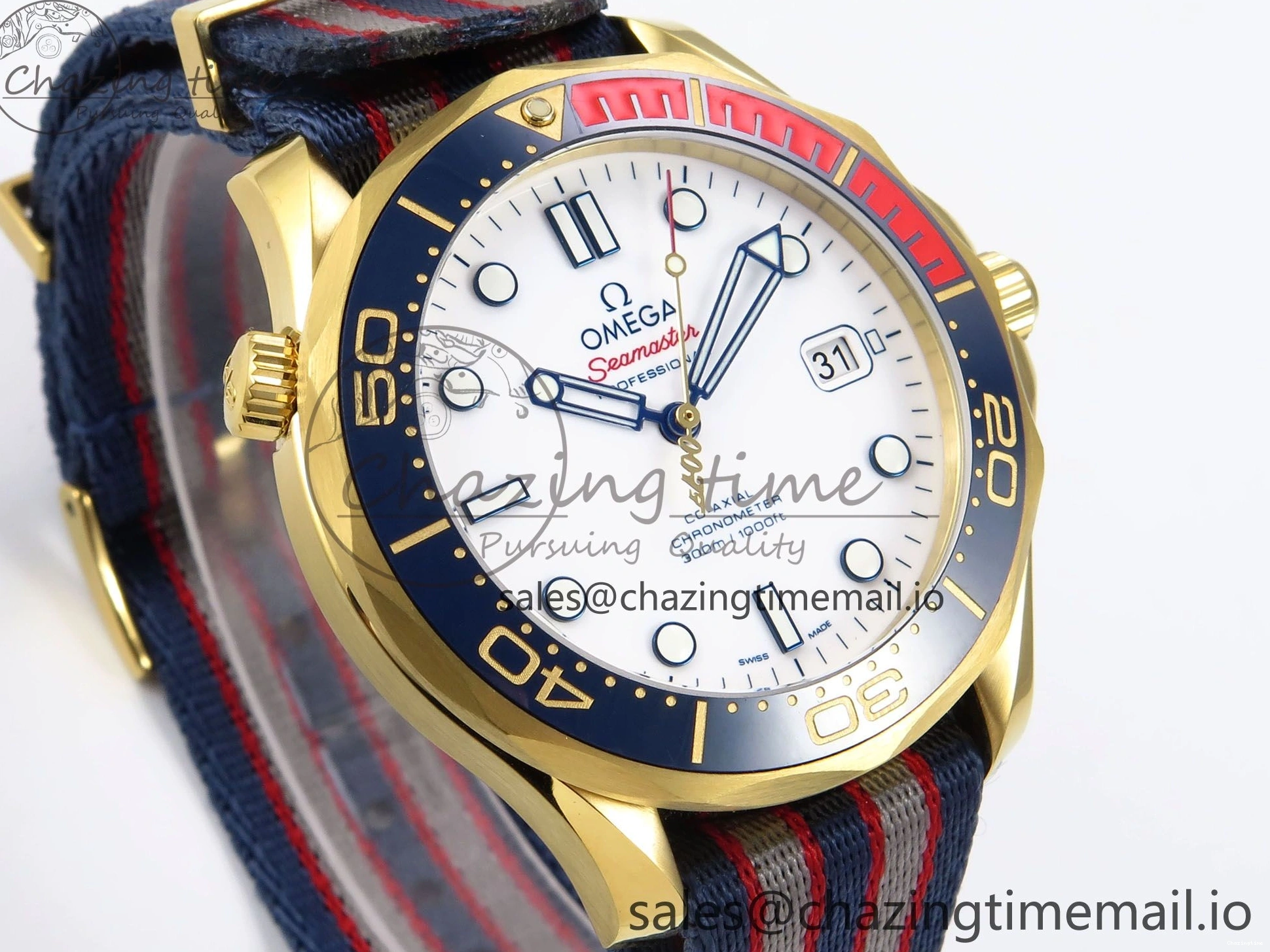 0408 Seamaster 300m Diver YG OMF 1:1 Best Edition Blue Orange Ceramic White Dial on Blue Nato Strap A Colorful 7704